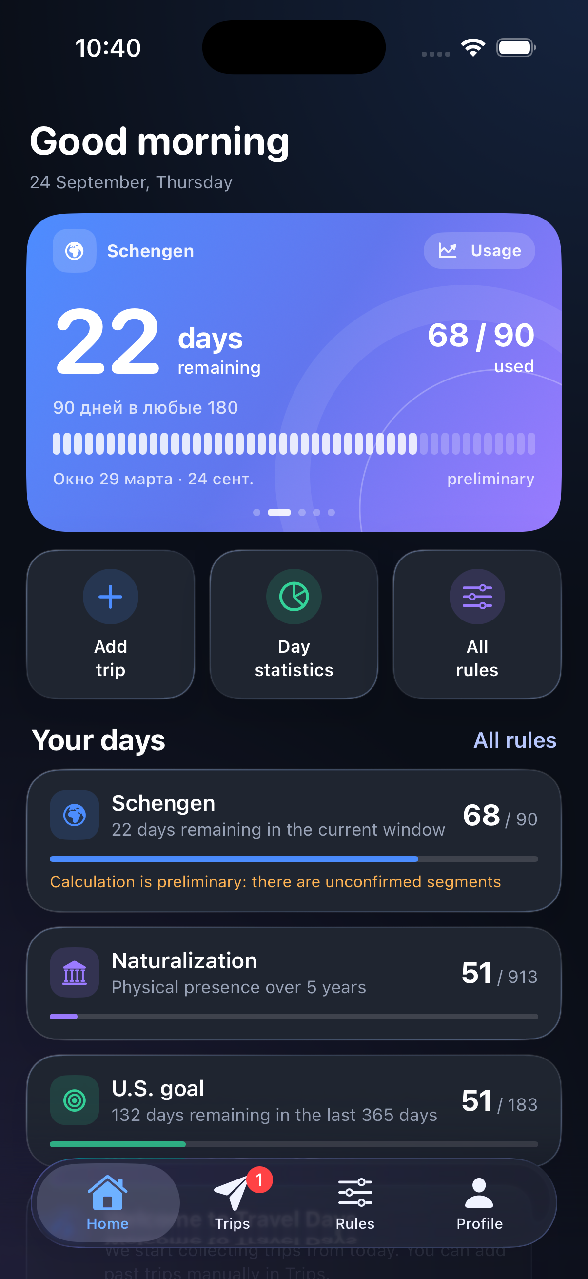 Travel Days Tracker dashboard with a Schengen card