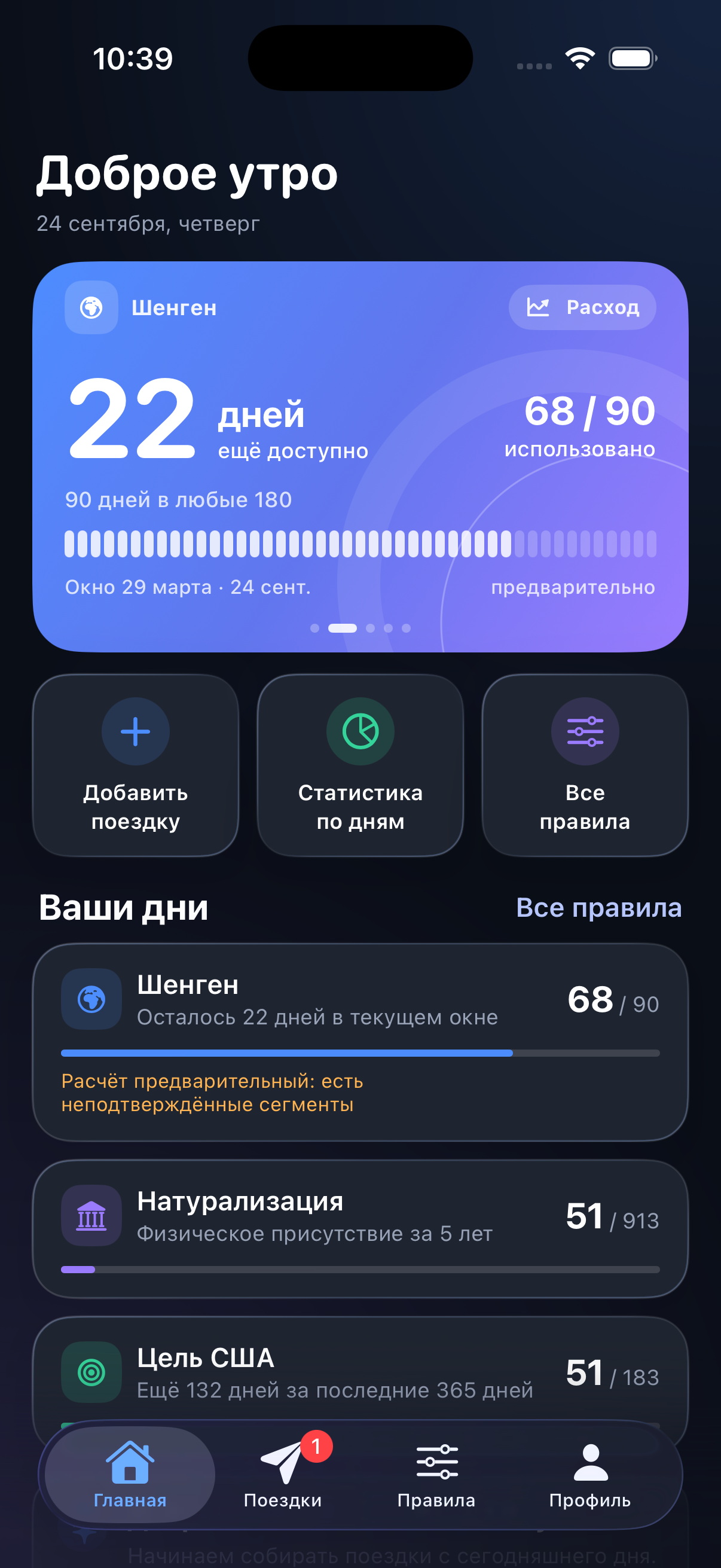 Главный экран Travel Days Tracker с карточкой Шенген